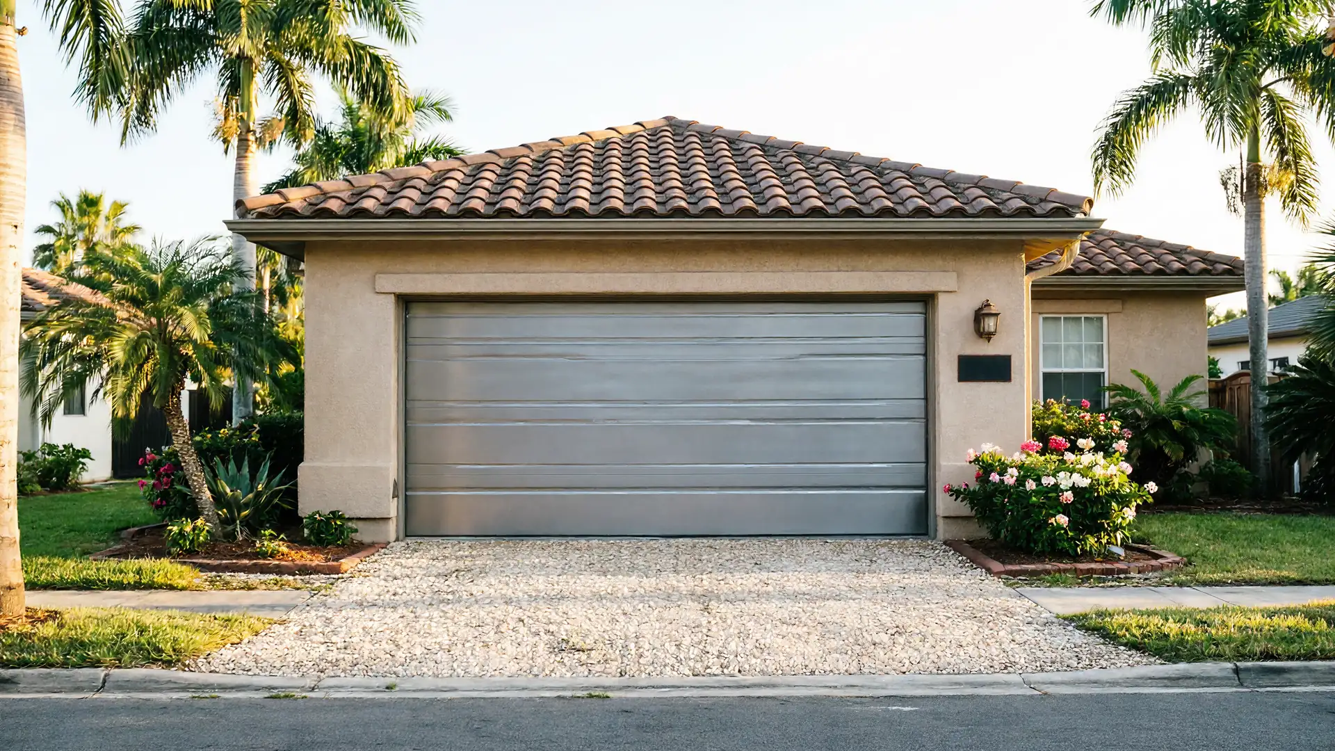 A beige house with a gray garage door, a tiled roof, and palm trees.
