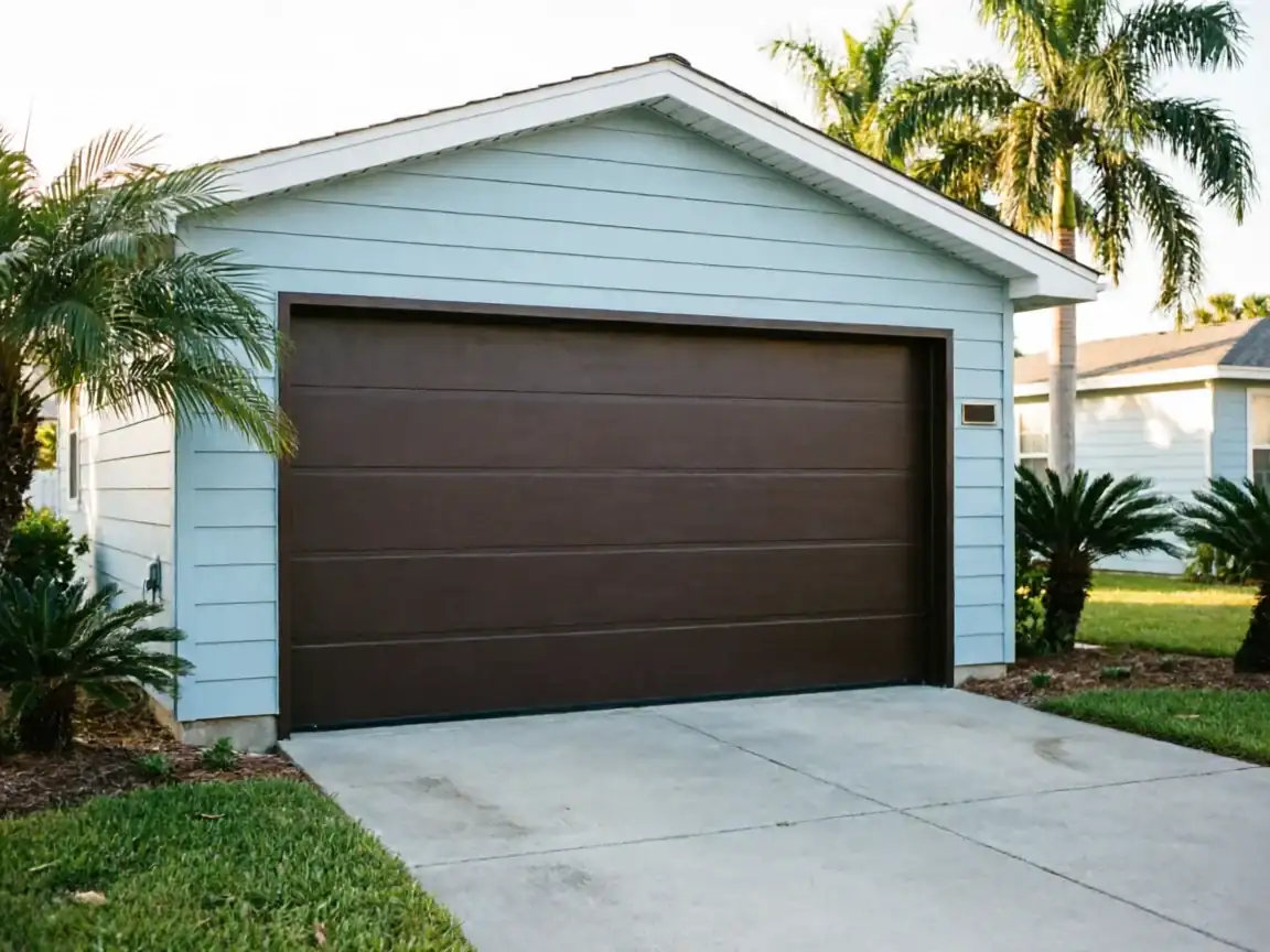 A brown garage door on a light blue house with palm trees.